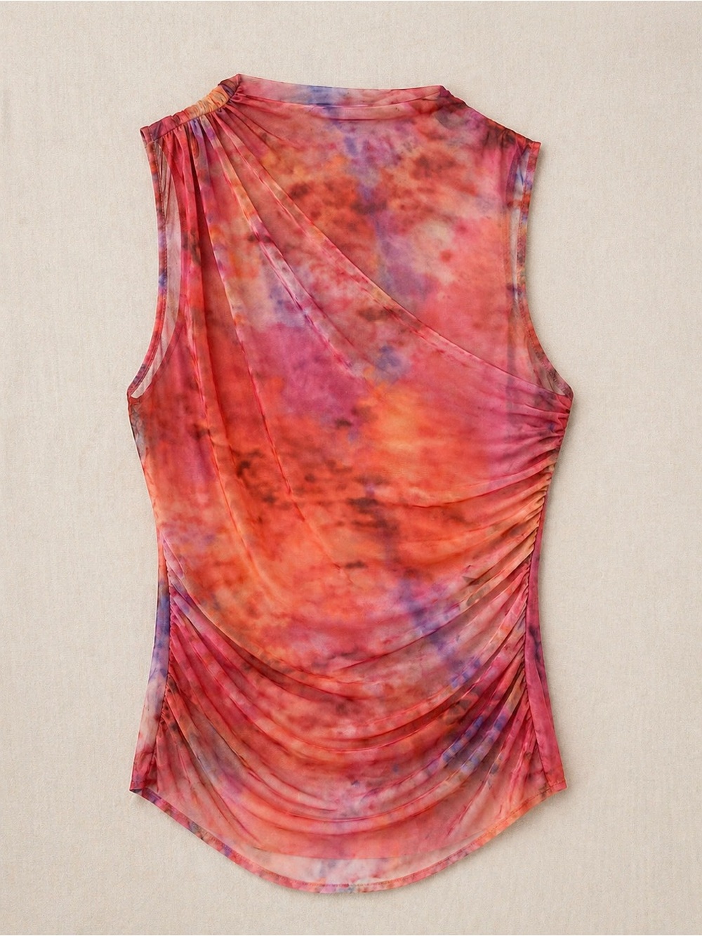 Zara Printed Tulle Top Ruched Mesh Asymmetrical Pink Orange Coral Sheer Tank